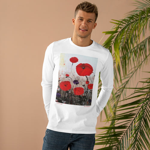 Original painting of red poppies with an abstract background on the fron of a heavy long sleeve tee - available in black and white