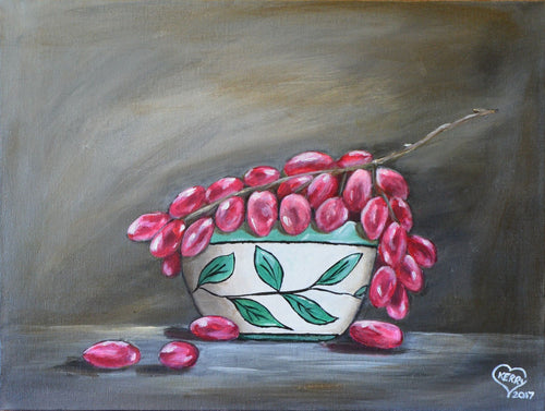 Original still life artwork of a bowl of red grapes