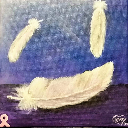 Original painting of three white feathers in sunrays by Kerry Sandhu Art