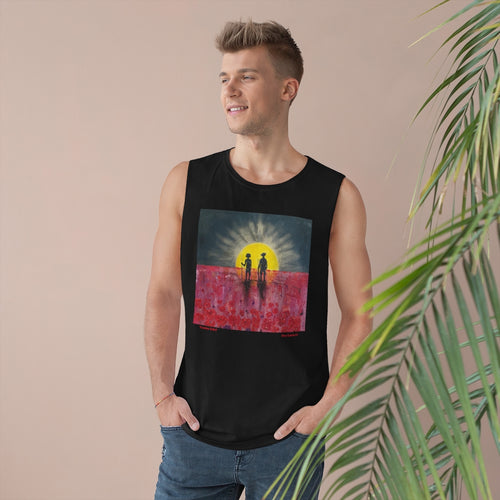Original painting of a rising sun which is an abstract version of the Aboriginal flag with the silhouette of an Aboriginal holding a spear and a soldier holding a gun surrounded by red poppies on the front of a unisex tank available in black and white