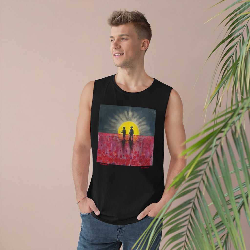 Regular fit sleeveless tank tee is 100% light cotton w/ low & raw (unsewn) armholes by Kerry Sandhu Art. 7 ANZAC designs