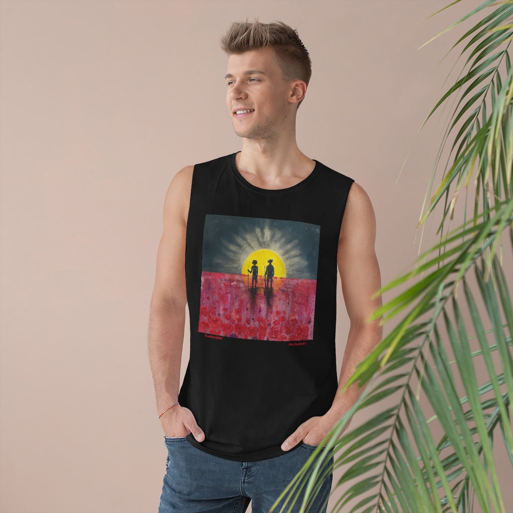 Original painting of a rising sun which is an abstract version of the Aboriginal flag with the silhouette of an Aboriginal holding a spear and a soldier holding a gun surrounded by red poppies on the front of a unisex tank available in black and white