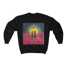 Load image into Gallery viewer, Original painting of a rising sun which is an abstract version of the Aboriginal flag with the silhouette of an Aboriginal holding a spear and a soldier holding a gun surrounded by red poppies on the front of a heavy blend sweatshirt available in multiple colours
