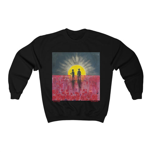 Original painting of a rising sun which is an abstract version of the Aboriginal flag with the silhouette of an Aboriginal holding a spear and a soldier holding a gun surrounded by red poppies on the front of a heavy blend sweatshirt available in multiple colours