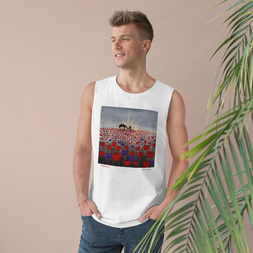 Original artwork of a sunrise (in the form of the ANZAC Crest) with a silhouette of a soldier kneeling next to his horse drinking from his hat in a field of red and purple poppies on the front of a unisex tank. Available in black or white.