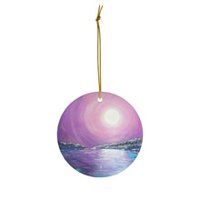 Load image into Gallery viewer, Original painting of a mystical full moon reflecting over water on a round ceramic ornament with hanging string
