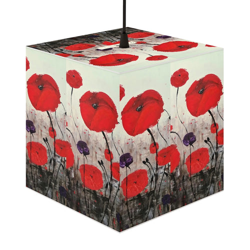 Original painting of red poppies with an abstract background on a lightweight cube lamp
