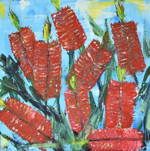 Original painting of a red bottle brushes