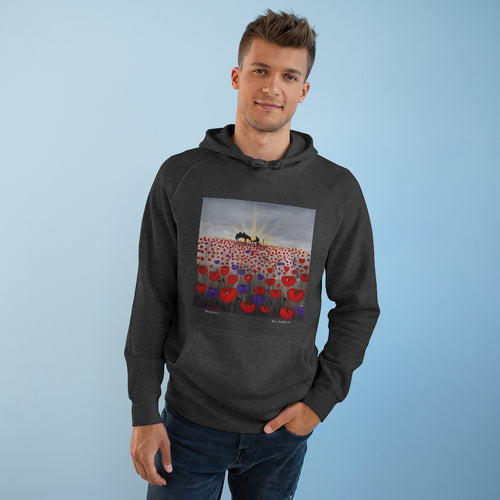 Original artwork of a sunrise (in the form of the ANZAC Crest) with a silhouette of a soldier kneeling next to his horse drinking from his hat in a field of red and purple poppies on the front of a unisex pullover hoodie. Available in multiple colours.