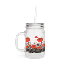 Load image into Gallery viewer, Original painting of red poppies with an abstract background on a masn jar with straw, lid and handle
