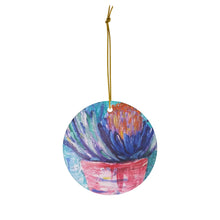 Load image into Gallery viewer, Original painting of a banksia plant on a pot on a round ceramic ornament with hanging string
