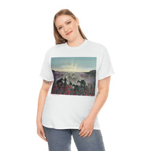 Load image into Gallery viewer, Original painting of a soldier, horse, camel, donkey, dog and birds walking towards an ANZAC Crest inspired sunrise through a field of poppies on a unisex t-shirt available in black and white
