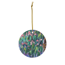 Load image into Gallery viewer, Original painting of part of a  flowering gum tree on a round ceramic ornament with hanging string
