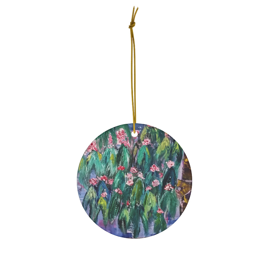 Original painting of part of a  flowering gum tree on a round ceramic ornament with hanging string