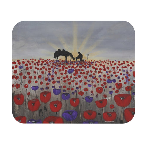 original artwork of a sunrise (in the form of the ANZAC Crest) with a silhouette of a soldier kneeling next to his horse drinking from his hat in a field of red and purple poppies on a rubber backed mouse pad