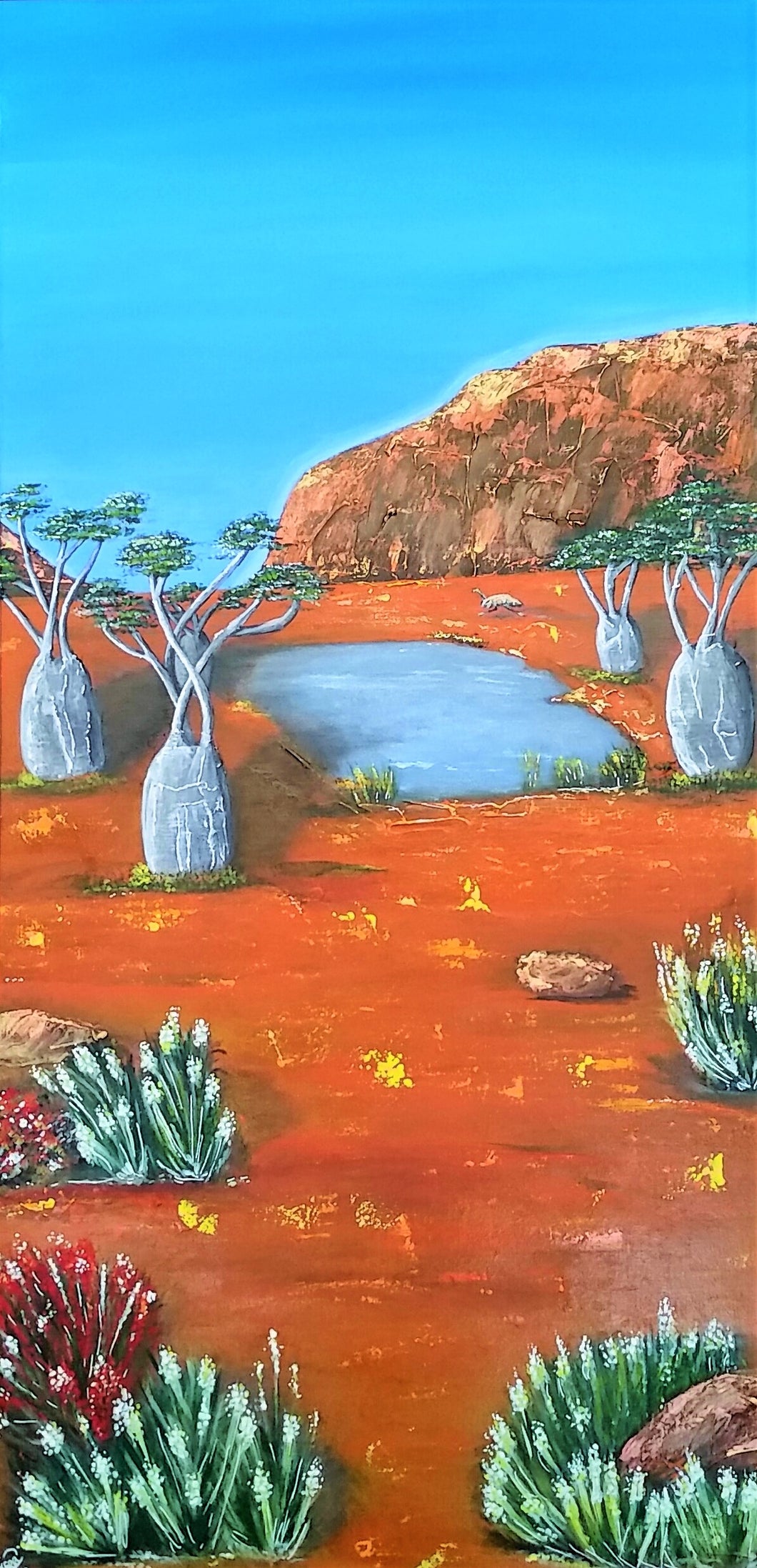 original painting of a of a large rock formation, boab trees, a billabong and emu with beautiful orange and blue complimentary colours inspired by the Kimberley region (Australia's North West outback)