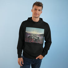 Load image into Gallery viewer, Original painting of a soldier, horse, camel, donkey, dog and birds walking towards an ANZAC Crest inspired sunrise through a field of poppies on the front of a unisex pullover hoodie available in various colours
