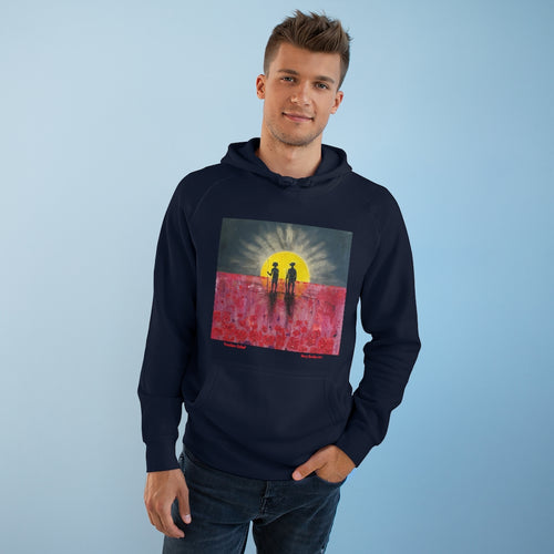 Original painting of a rising sun which is an abstract version of the Aboriginal flag with the silhouette of an Aboriginal holding a spear and a soldier holding a gun surrounded by red poppies on the front of a pullover hoodie available in various colours
