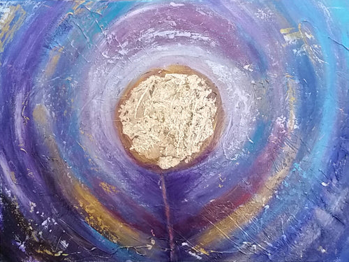Original painting of a colourful abstract flower with gold leaf 
