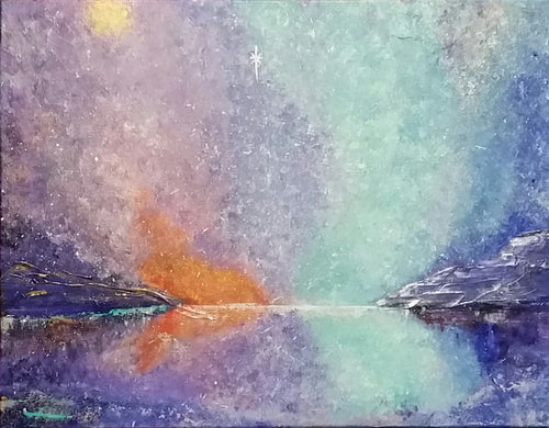  Original painting of a colourful sunset reflected on the water with a bright soul star by Kerry Sandhu Art
