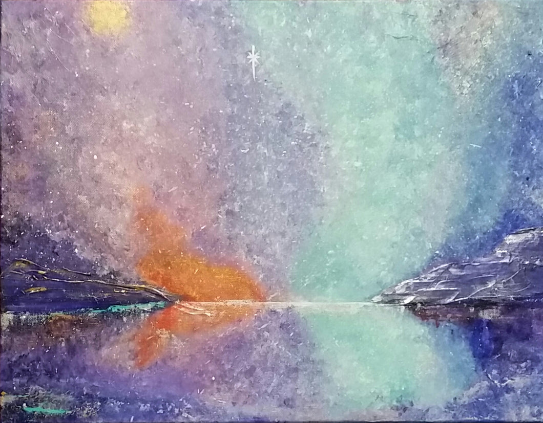  Original painting of a colourful sunset reflected on the water with a bright soul star by Kerry Sandhu Art