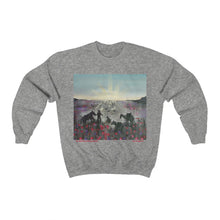 Load image into Gallery viewer, Original painting of a soldier, horse, camel, donkey, dog and birds walking towards an ANZAC Crest inspired sunrise through a field of poppies on the front of a unisex sweatshirt available in various colours
