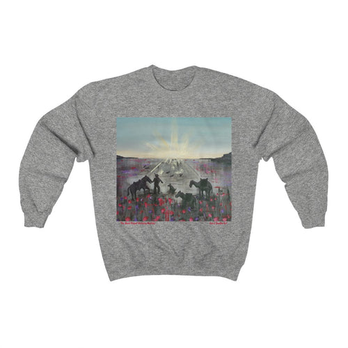 Original painting of a soldier, horse, camel, donkey, dog and birds walking towards an ANZAC Crest inspired sunrise through a field of poppies on the front of a unisex sweatshirt available in various colours