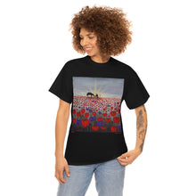 Load image into Gallery viewer, Original artwork of a sunrise (in the form of the ANZAC Crest) with a silhouette of a soldier kneeling next to his horse drinking from his hat in a field of red and purple poppies on the front of a unisex t-shirt. Available in black or white.
