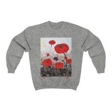 Load image into Gallery viewer, Original painting of red poppies with an abstract background on the front of a heavy blend sweatshirt - available in various colours

