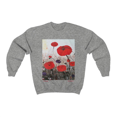 Original painting of red poppies with an abstract background on the front of a heavy blend sweatshirt - available in various colours