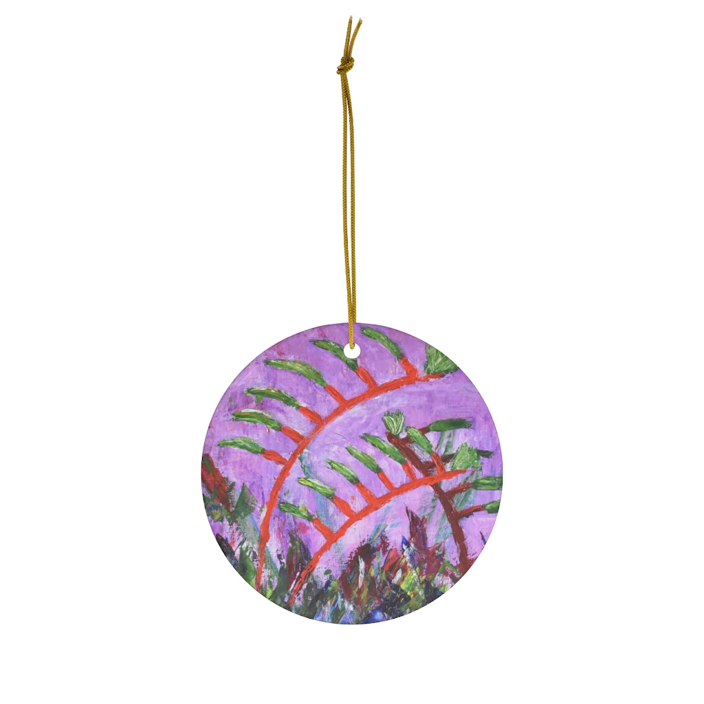 Original painting of kangaroo paw plants on a round ceramic ornament with hanging string