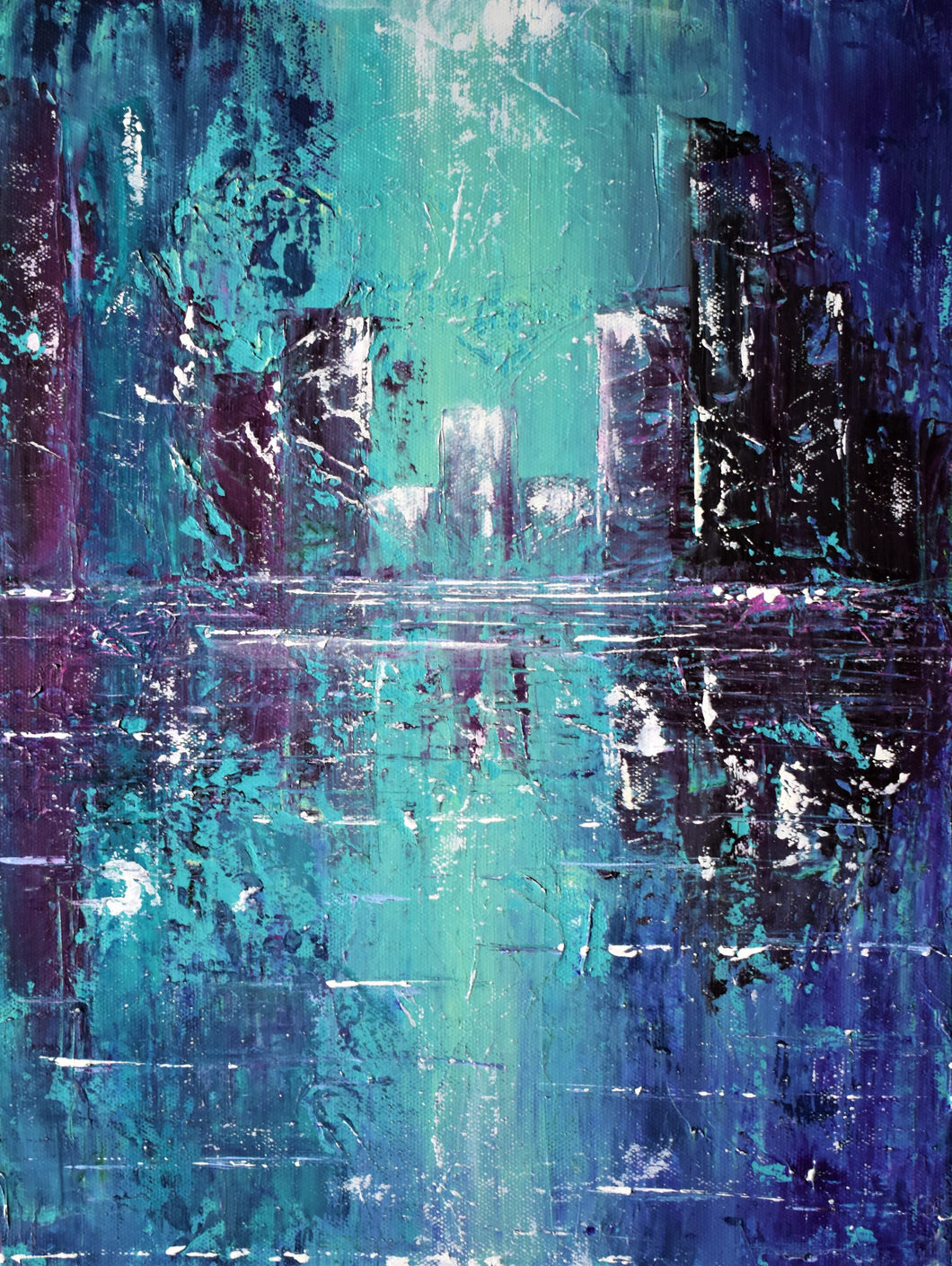 Original abstract painting of a cityscape with reflections in blues, teals and purples