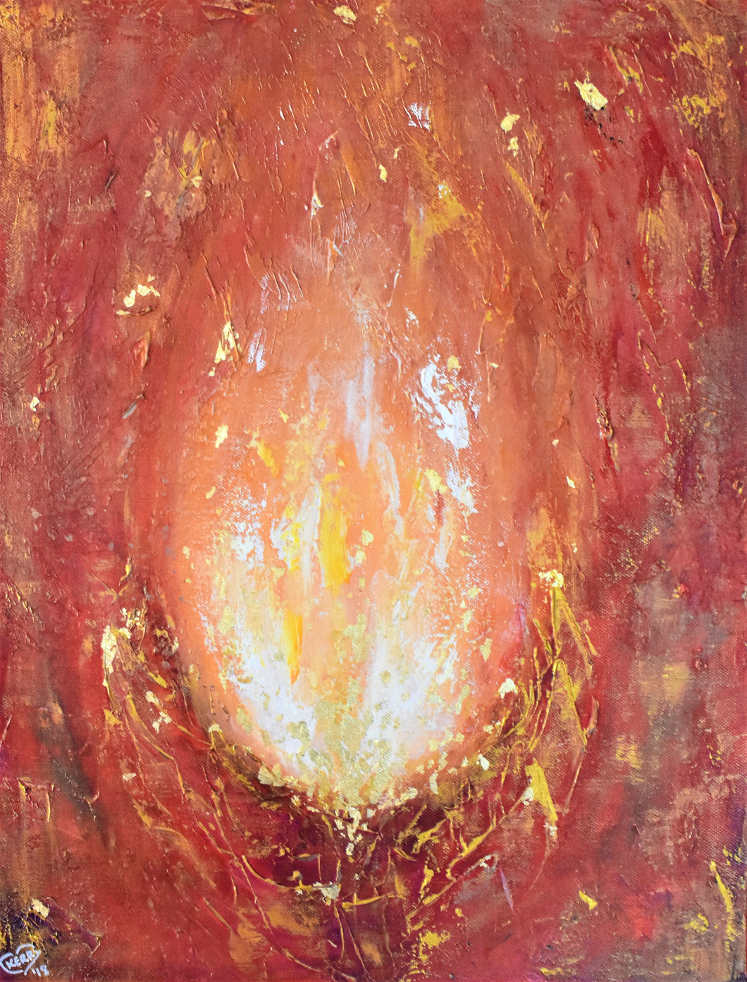 Abstract original painting of an orange and yellow flame with gold leaf detail 