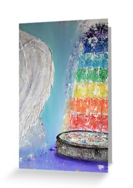 original artwork of white angel wings next to a chakra fountain blank card