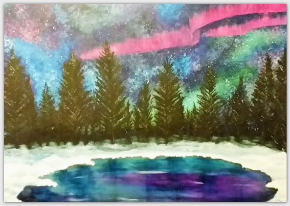 original artwork of the Northern Lights, Aurora Borealis or the Aurora Australis with a starry sky, pine trees, snow and a lake blank card