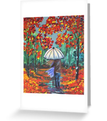 original painting of a couple under an umbrella surrounded by autumn / fall coloured leaves blank card