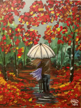 Load image into Gallery viewer, original painting of a couple under an umbrella surrounded by autumn / fall coloured leaves
