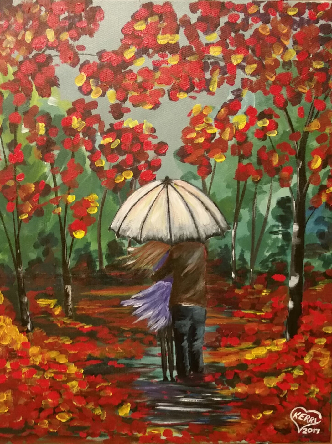 original painting of a couple under an umbrella surrounded by autumn / fall coloured leaves