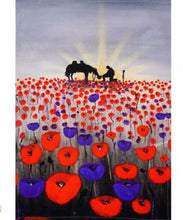 Load image into Gallery viewer, original artwork of a sunrise (in the form of the ANZAC Crest) with a silhouette of a soldier kneeling next to his horse drinking from his hat in a field of red and purple poppies on a cotton tea towel
