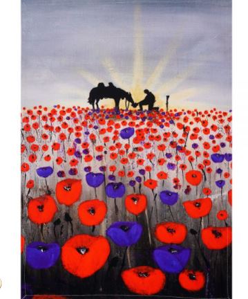 original artwork of a sunrise (in the form of the ANZAC Crest) with a silhouette of a soldier kneeling next to his horse drinking from his hat in a field of red and purple poppies on a cotton tea towel