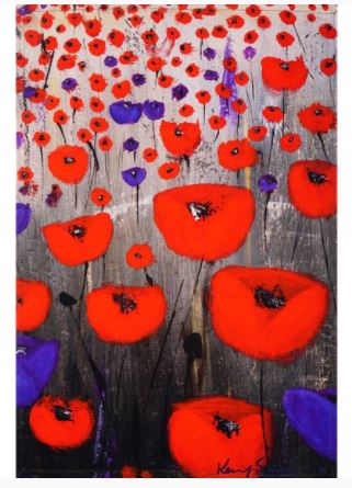 Partial image from an original artwork of a field of red and purple poppies on a cotton tea towel