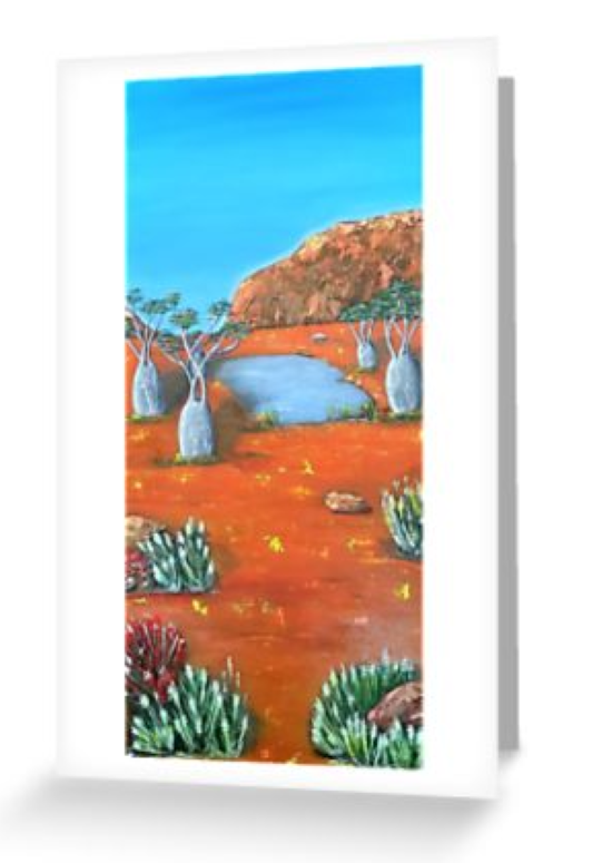 original painting of a of a large rock formation, boab trees, a billabong and emu with beautiful orange and blue complimentary colours inspired by the Kimberley region (Australia's North West outback) blank card