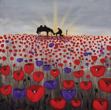 Load image into Gallery viewer, Sunrise, a silhouette of a soldier kneeling next to his horse drinking from his hat, field of red &amp; purple poppies BLANK CARD
