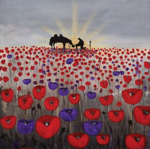 original artwork of a sunrise (in the form of the ANZAC Crest) with a silhouette of a soldier kneeling next to his horse drinking from his hat in a field of red and purple poppies on a blank card