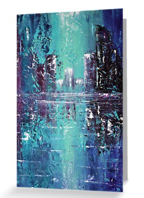 Original abstract painting of a cityscape with reflections in blues, teals and purples on a blank card
