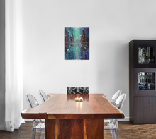 Load image into Gallery viewer,  Original abstract painting of a cityscape with reflections in blues, teals and purples
