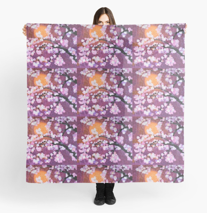 Original painting of a sun filtering through a cherry blossom tree on a large square 140 x 140 scarf / wrap / shawl