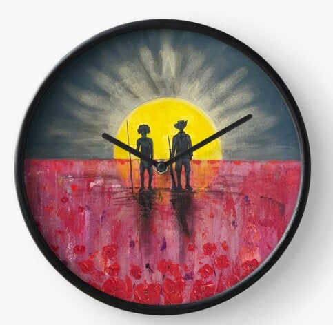 Original painting of a rising sun which is an abstract version of the Aboriginal flag with the silhouette of an Aboriginal holding a spear and a soldier holding a gun surrounded by red poppies on a clock