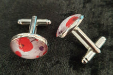 Load image into Gallery viewer, Original painting of red poppies with an abstract background on 16mm platinum cufflinks
