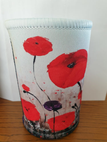 Original painting of red poppies with an abstract background on a double stitched, excellent quality stubby holder / cooler